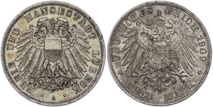 Lübeck 3 Mark, 1909, schöne Patina, f. ... 
