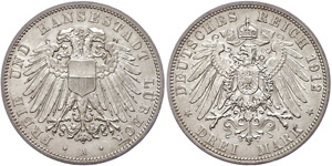 Lübeck 3 Mark, 1912, kl. Rf., vz+., ... 