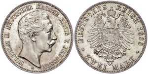 Preußen 2 Mark, 1888, Wilhelm II., vz., ... 