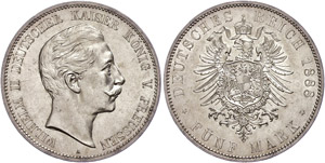 Preußen 5 Mark, 1888, Wilhelm II., kl. ... 