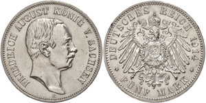 Sachsen 5 Mark, 1914, Friedrich August, kl. ... 