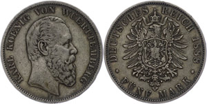 Württemberg 5 Mark, 1888, Karl, ss., ... 