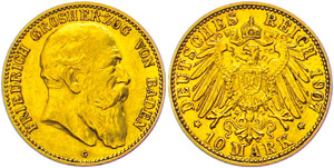 Baden 10 Mark, 1907, Friedrich, ss-vz., ... 