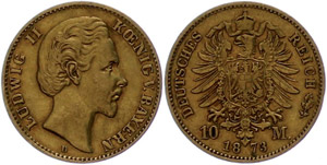 Bayern 10 Mark, 1873, Ludwig II., ss., ... 