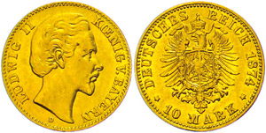 Bayern 10 Mark, 1874, Ludwig II., ss., ... 
