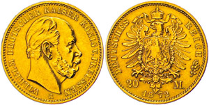 Preußen 20 Mark, 1872, Wilhelm I., kl. Rf., ... 