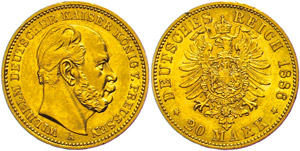 Preußen 20 Mark, 1886, Wilhelm I., winzige ... 