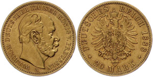 Preußen 20 Mark, 1888, Wilhelm I., kl. Rf., ... 
