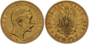 Preußen 20 Mark, 1889, Wilhelm II., ss-vz., ... 