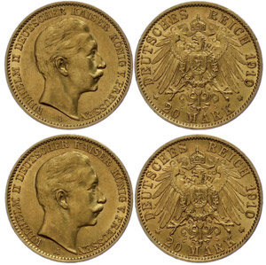Preußen 2 x 20 Mark, 1910, Wilhelm II., kl. ... 