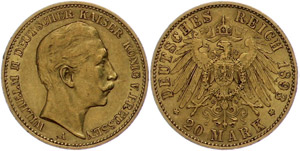 Preußen 20 Mark, 1893, Wilhelm II., ss., ... 