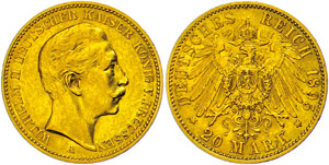 Preußen 20 Mark, 1895, Wilhelm II., kl. ... 