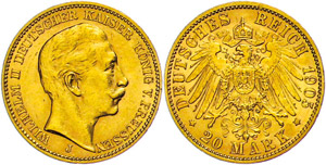 Preußen 20 Mark, 1905, Wilhelm II., kl. ... 