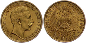Preußen 20 Mark, 1908, Wilhelm II., kl. ... 