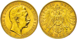 Preußen 20 Mark, 1909, Wilhelm II., kl. ... 