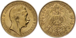 Preußen 20 Mark, 1910, Wilhelm II., Kleine ... 