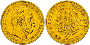 Preußen 20 Mark, 1884, Wilhelm I., kl. Rf., ... 