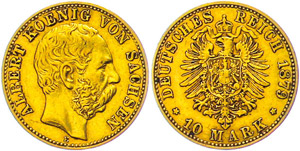 Sachsen 10 Mark, 1879, Albert, kl. Rf., ss., ... 