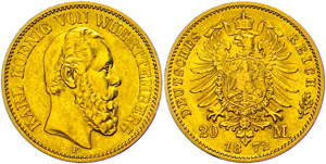 Württemberg 20 Mark, 1872, Karl, kl. Rf., ... 