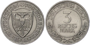Münzen Weimar 3 Reichsmark, 1926, Lübeck ... 