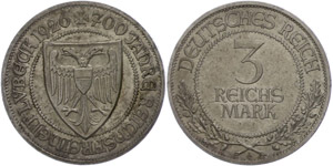 Münzen Weimar 3 Reichsmark, 1926, Lübeck, ... 