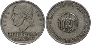 Münzen Weimar 5 Reichsmark, 1929, Lessing, ... 