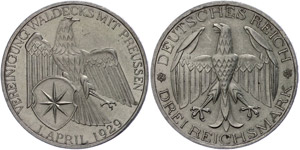Münzen Weimar 3 Reichsmark, 1929, Waldeck ... 