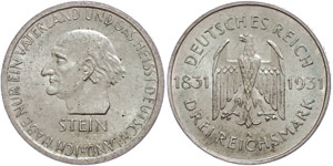 Münzen Weimar 3 Reichsmark, 1931, Stein, ... 