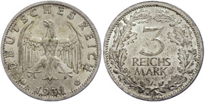 Münzen Weimar 3 Reichsmark, 1931, A, vz., ... 
