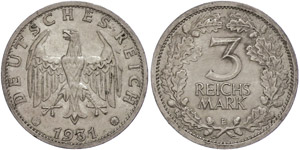 Münzen Weimar 3 Reichsmark, 1931, E, wz. ... 
