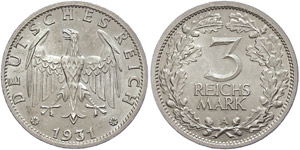 Münzen Weimar 3 Reichsmark, 1931, Mzz A, ... 