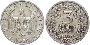 Münzen Weimar 3 Reichsmark, 1932, F, wz. ... 