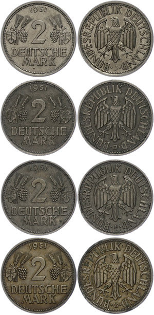 Münzen Bund ab 1946 2 Mark, 1951, Ähren, ... 
