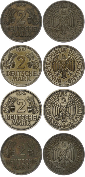 Münzen Bund ab 1946 2 Mark, 1951, Ähren, ... 
