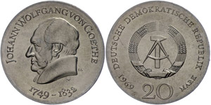 Münzen DDR 20 Mark, 1969, Goethe, kl. ... 