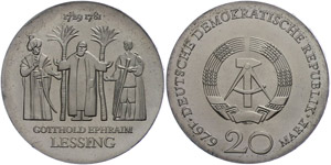 Münzen DDR 20 Mark, 1979, Lessing, st., ... 