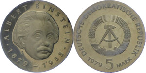 Münzen DDR 5 Mark, 1979, Albert Einstein, ... 