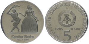 Münzen DDR 5 Mark, 1985, Caroline Neuber, ... 