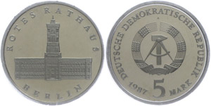 Münzen DDR 5 Mark, 1987, Rotes Rathaus in ... 
