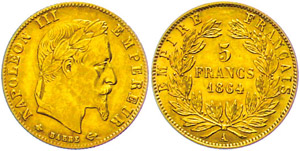 Frankreich 5 Francs, Gold, 1864, Napoleon ... 