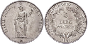 Italien Lombardei, 5 Lire, 1848, Mailand, ... 