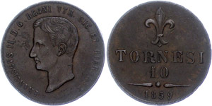 Italien 10 Tornesi, 1859, Kupfer, Franz II., ... 