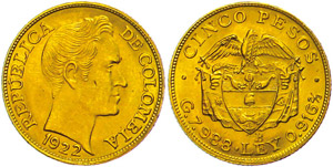 Kolumbien 5 Pesos, 1922, Gold, Simon ... 
