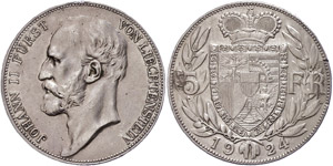 Liechtenstein 5 Franken, 1924, Johann II., ... 