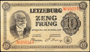Banknoten Luxemburg, 10 Frang, 20.04.1940, ... 