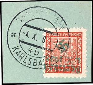 Karlsbad 3 Heller postal stamp with bright ... 