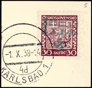 Karlsbad 30 Heller postal stamp, first day ... 
