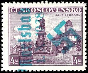 Karlsbad 4 Kc. Postal stamp with bright blue ... 