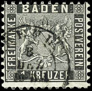 Baden 1 Kr. Black, wide perforated, centric ... 