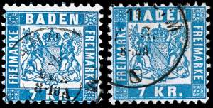 Baden 7 Kr. Blue and 7 Kr. Pale blue, two ... 